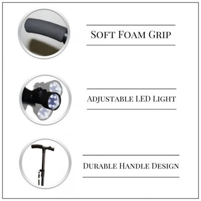 Lightweight Aluminum Folding Cane with LED Light - Black